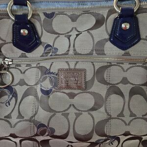 COACH Poppy Signature Hearts Glam Grey/ Blue Canvas Large Tote Bag #18711M